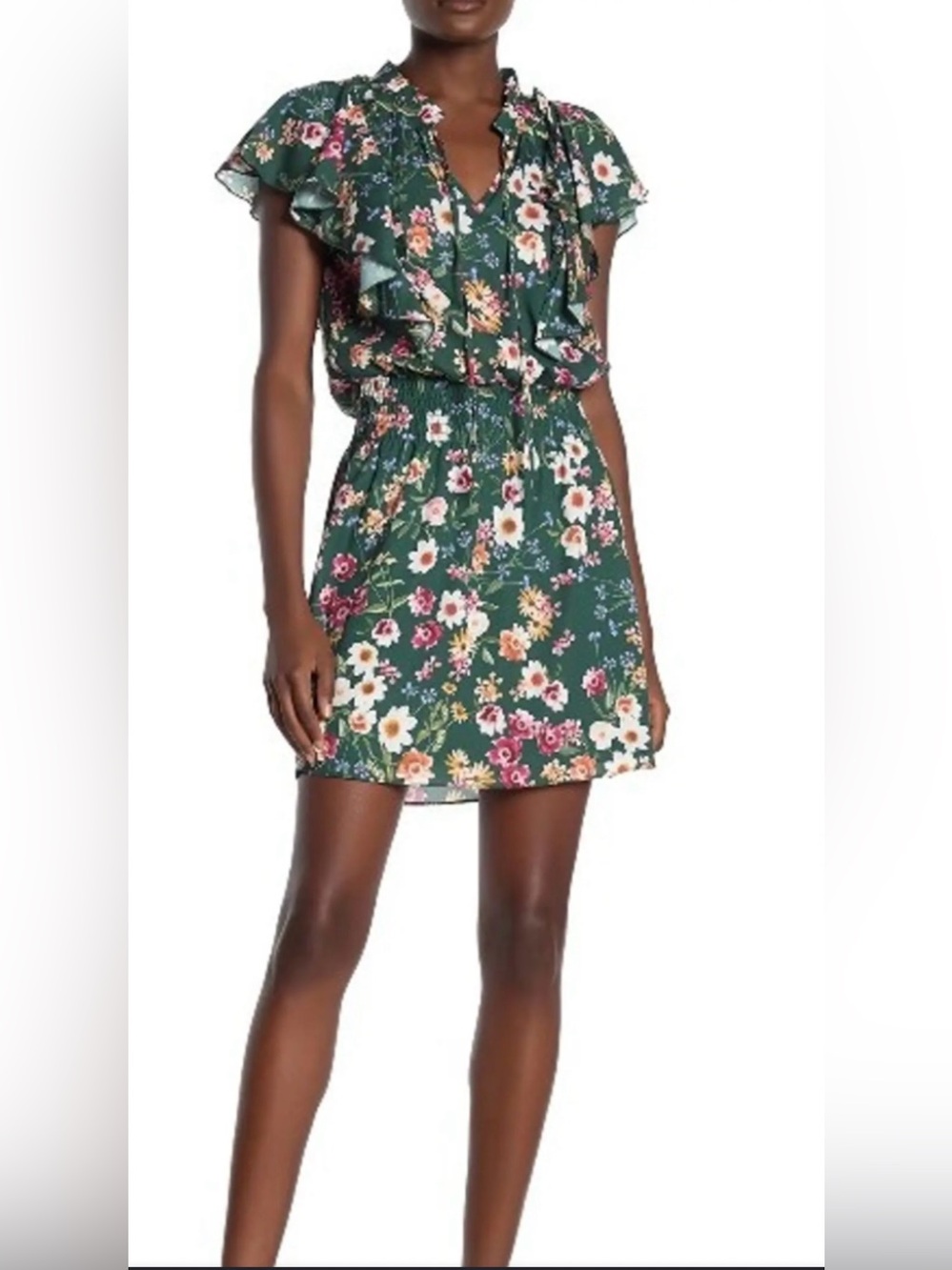 Parker Floral Flutter Sleeve Mini Dress Smocked Waist Green M